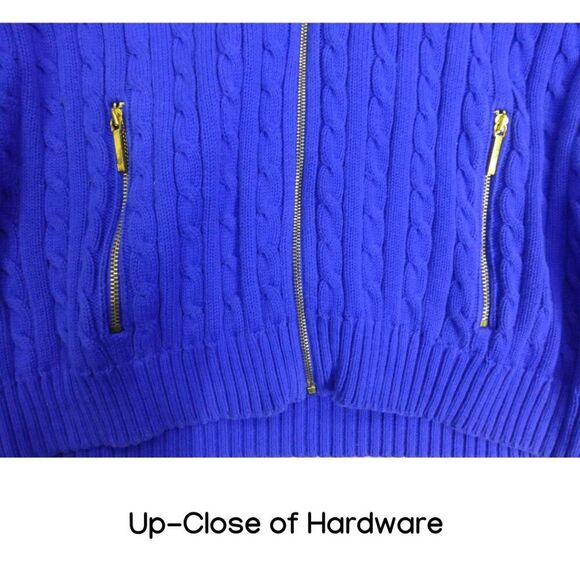 Lauren Ralph Lauren Blue Cable Knit Gold Zipper Zip Up Sweater - Picture 12 of 16